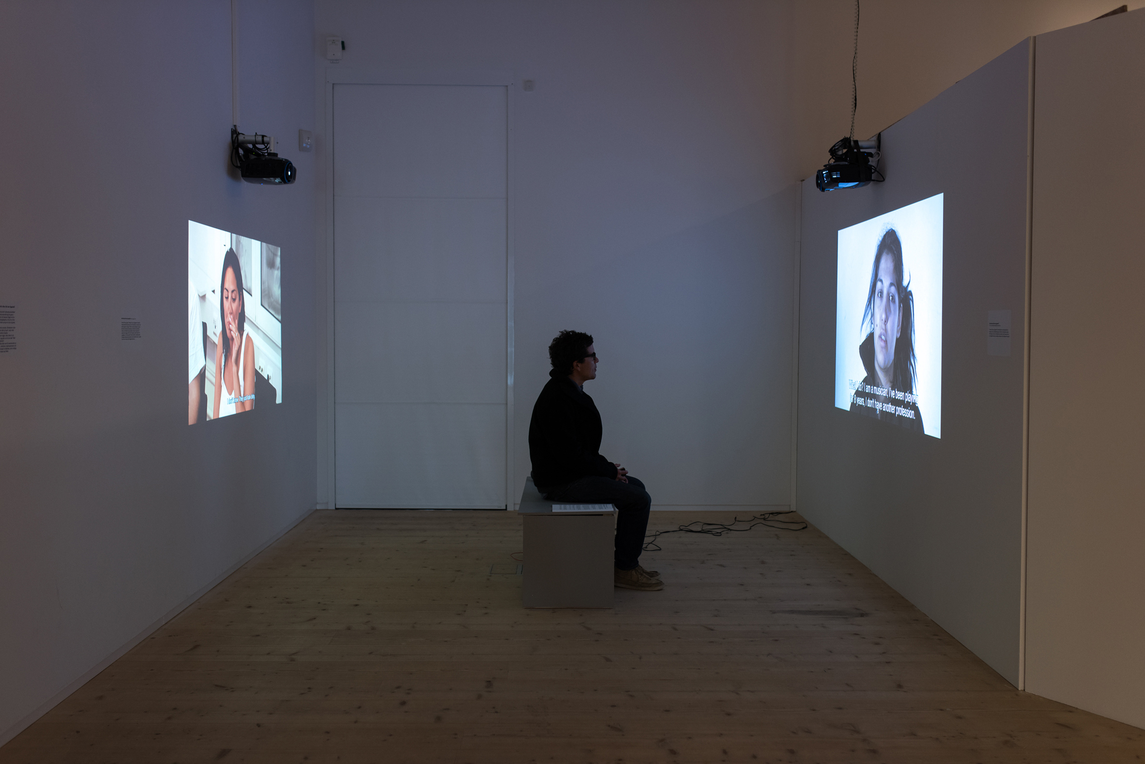 Two videos shown as an installation, above, in Varbergs Konsthall, Sweden, October 2014–January 2015.