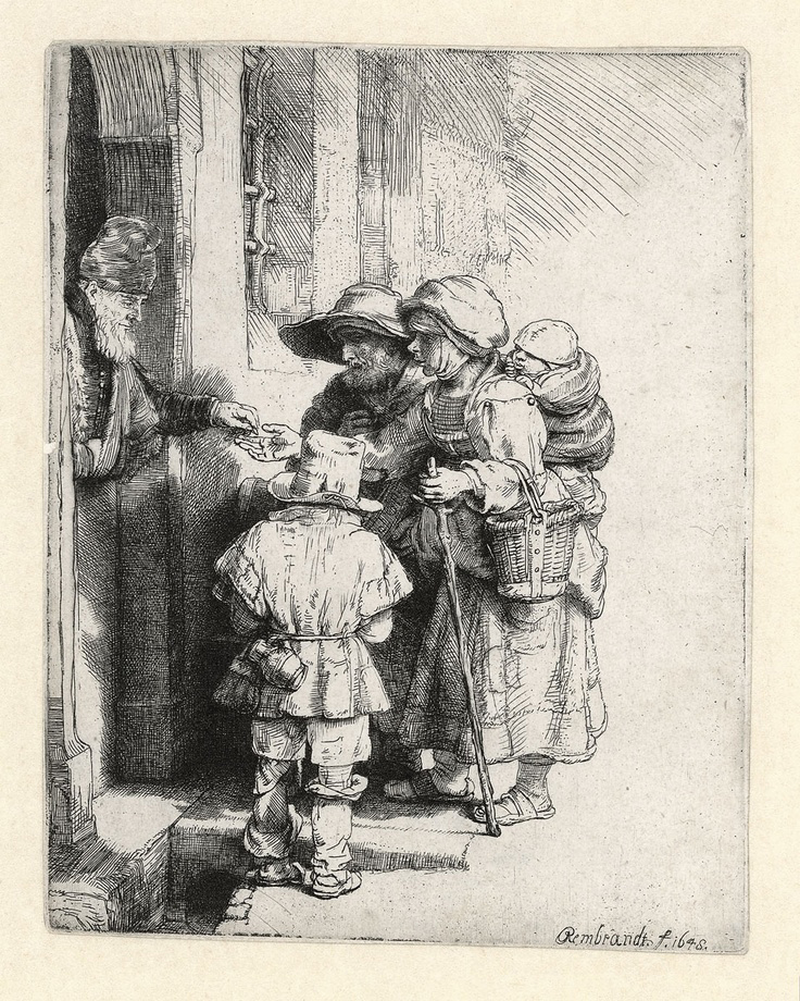 Etsning av Rembrandt van Rijn, ”Beggars Receiving Alms at the Door of a House”, 1648.